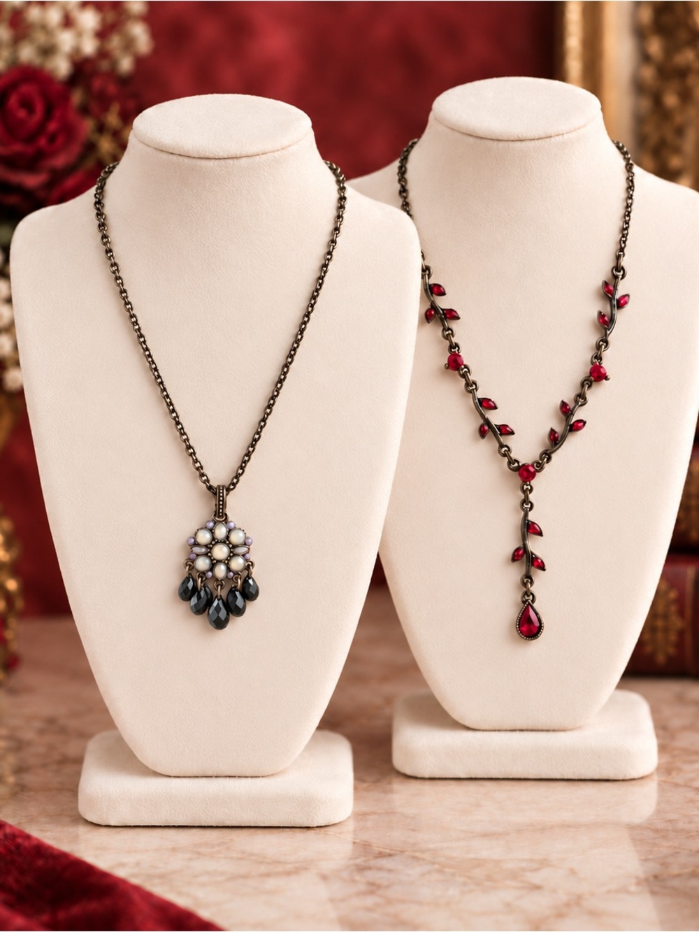 Lot of 2 Signed 1928 Necklaces Red Rhinestone Y Drop Floral Pendant